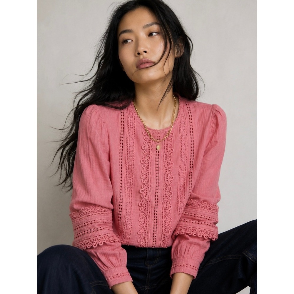 Boden Pink Trim Interest Embroidered Lace 100% Cotton Blouse US 2‎